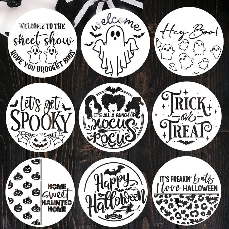 zosylley Halloween Stencils for Painting on Wood 12  Round Halloween Stencil Hey Boo Trick or Treat Hocus Pocus Templates for Door Hanger Porch Sign Shirt Painting - Image 1
